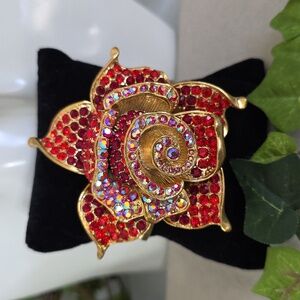 Statement Gold and Red AB Crystal Rose Flower Clamper Hinge Bracelet